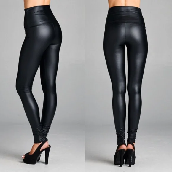 Luxe Black Matte High waist fold over leather Leggings - Picture 3 of 4